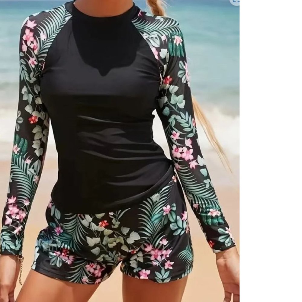 Womens Rashguard Swimsuit L Shorts 2 pc Black Long Sleeve Tropical Shelf Bra Set